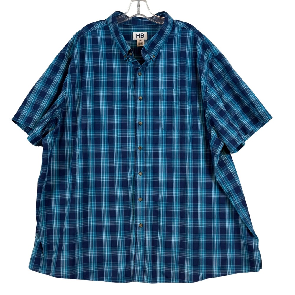 HB Mens 3XL Blue Teal Plaid Short Sleeve Button Down Shirt Cotton Blend Pocket